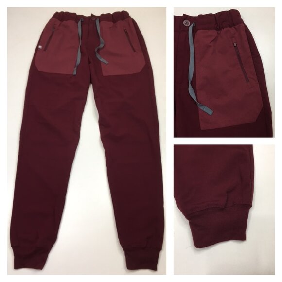 FIGS Burgundy Drawstring Zip Pockets Scrubs Medical Wear Jogger Style Pant